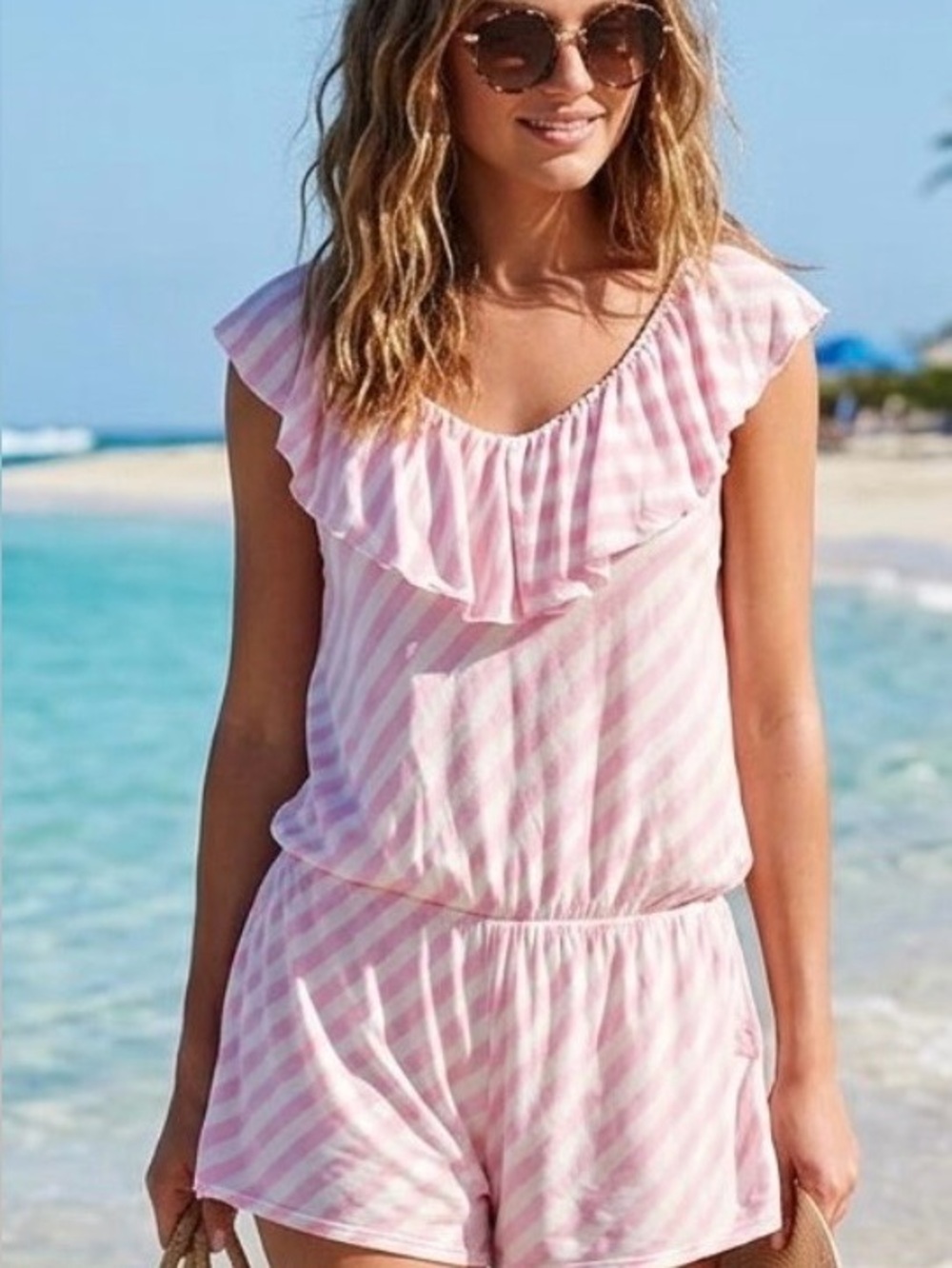 Victoria's Secret Pink & White Striped
Ruffle Lounge Romper Beach Coverup
